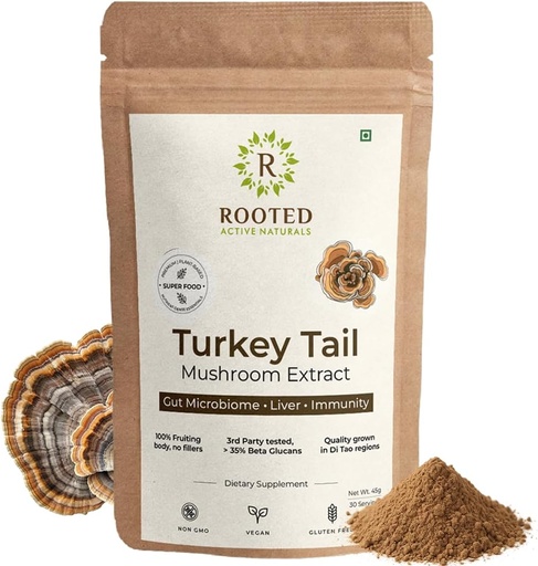 [BRSRMAYQBECGAH3L] ROOTED Active's Turkey Tail Mushroom Extract Powder, USDA & EU Certified Organic| 35% Beta Glucans - Lab Verified | Gut Health, Liver, Immunity Support (2.11 Ounce)