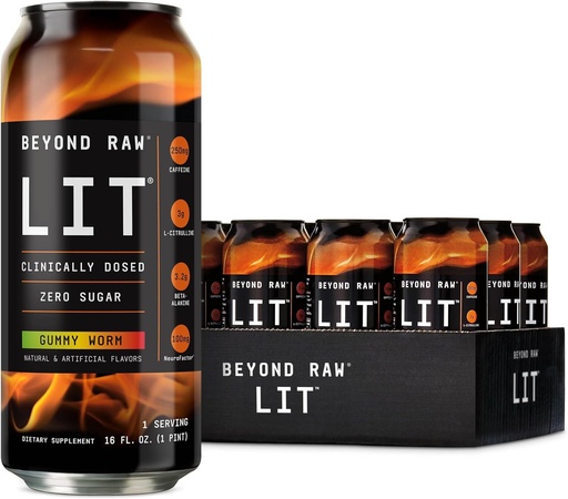 [BRSWGFAZBYIB6CDV] BEYOND RAW LIT Pre Workout, Gummy Worm, for Energy, Focus, Intensity and Pumps, with Nitric Oxide Boost, Zero Sugar, 250mg Caffeine with Beta Alanine, 12 Cans