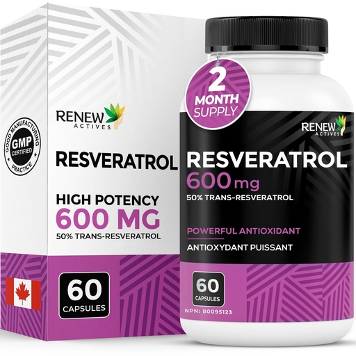 [BRSWYYYNOYHREHQ4] Renew Actives Resveratrol Supplement 600mg per Serving - High-Potency Antioxidant Complex with 50% Trans-Resveratrol – Supports Cellular Health & Longevity - Made in Canada – 60 Vegan Capsules