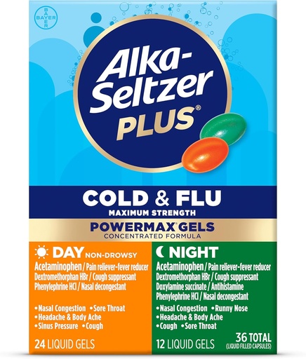 [BRSWGBA5BB5QOHL4] Alka-Seltzer Plus Power Max Cold & Flu Day+Night Medicine: Cough Suppressant, Cold and Flu Medicine For Adults and Children 12 Years and Older, 36 Count, Packaging May Vary