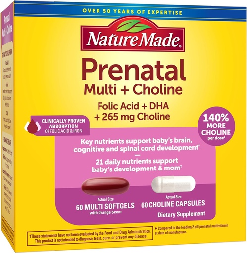 [BRSROBQHC4FRACQ2] Nature Made prenatal Vitamin Softgels + Choline Capsules, Folic Acid + DHA + Choline, 60 prenatal Vitamins for Women, 60 Choline supplements Capsules, 60 Day Supply