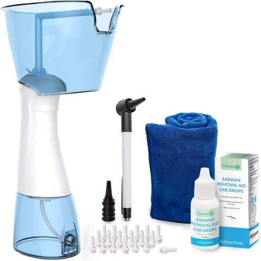 [BRSW2CQEBYDW22TA] Electric Ear Wax Removal Kit by Tilcare - Rechargeable Ear Cleaning Machine for Ear Irrigation - Complete Ear Flush Kit for Adults & Kids - Ear Lavage System with Ear Drops, Otoscope, Towel & 30 Tips