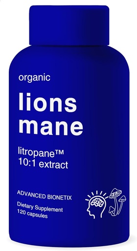 [BRSRMBTYOR4BMEI6] Organic Lions Mane Supplement 120 Kapsler. Brain Support Nootrop immunsystem Support Mushroom Supplement. 10X ekstrakt svarende til 18.000mg, Indeholder Patent venter Litropane ™