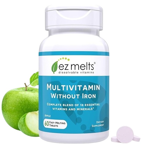 [BRSRAYYFPIDRSCD7] EZ Melts Multivitamin Without Iron - Daily Supplement with 18 Vitamins & Minerals - Contains Vitamin C, Folate, Biotin & More - Non-GMO & Vegan - Apple - 60 Dissolvable Tablets (30 Servings)