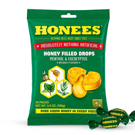 [BRSWIAYACUFGOF32] Honees Honey Menthol Cough Drops - 20-Piece, Single Pack Honey-Filled Lozenges | Temporary Relief from Cough | Soothes Sore Throat | All Natural
