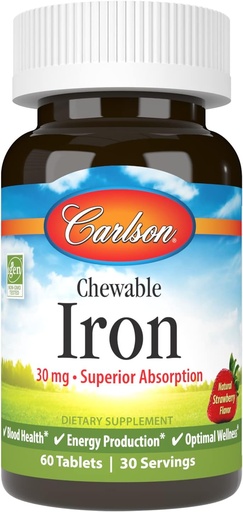 [BRSWGGAOAFYWMD35] Carlson - Chewable Iron, 30 mg, Superior Абсорбция, Blood Health, Energy Production & Optimal Wellness, Natural Ягодов аромат, 60 таблетки