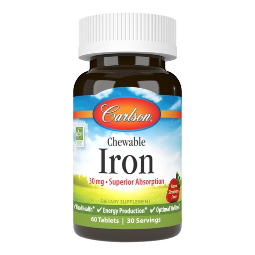 [BRSWGGAOAFYWMD35] Carlson - Chewable Iron, 30 mg, Superior Absorption, Blood Health, Energy Production & Optimal Wellness, Natural Strawberry Flavor, 60 Tablets