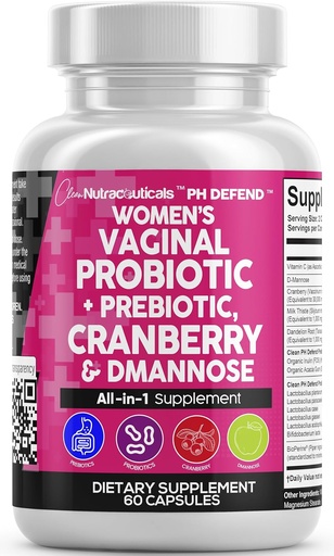 [BRSROZQDOQOWE3LX] Clean Nutraceuticals Vaginal probiotika for kvinner med tranebær, D-Mannose, prebiotika, pH balanse støtte, feminin helse, urinveitrakt rensing - Kapsel Alternativ til gummier - 60 greve