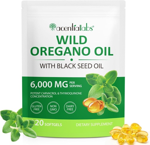 [BRSRAHQ6C4OWEGT6] Oreganoõli musta seemne õliga, Oregano Softgelsi õli 6000mg per Serving,2 in 1 formuleeritud musta seemne õliga 200mg, orgaaniline oreganoõli, gluteenivaba,Dairy Free,120 Count(1 Pack)
