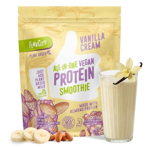 [BRSROBLYPJ4AMAL4] FlavCity Vegan Almond Protein Shake Powder, Vanilla Cream + Reishi & Cordyceps Mushrooms - Focus, Skin, Hair & Joint Support - Organic Fruit All in One Smoothie On-the-Go, 20 Servings