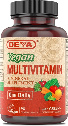 [BRSWKFA3BEOQODQZ] DEVA Vegan Multivitamin and Mineral Supplement - Φόρμουλα μιας φοράς ανά ημέρα με πράσινο - Βιταμίνες A, C, D, E, B Complex, Υψηλής ισχύος διαμόρφωση για την καθημερινή υγεία και ευεξία - 90 Επικαλυμμένα δισκία, 1- Pack