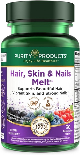 [BRSWGFT5OEOWEC3F] Purity Products Hair, Skin + Nails Melt 1000mcg B-12 + 2500mcg Biotin Energy Berry Melt - Delicious Berry Lemonade Flavor w/Super Fruits - B12 Methylcobalamin - 30 Melting Tablets