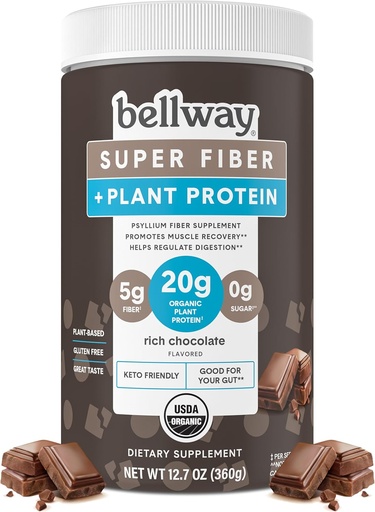 [BRSRMCD7CMPWEHLJ] Bellway Super Fiber + Protein Powder, Sugar- Free Organic Psyllium Husk Fiber Supplement Powder with 20g Plant Protein Per Serving, Rich Chocolate, 12.7 oz