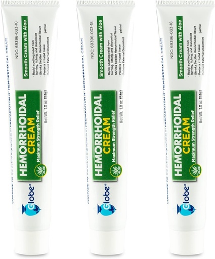 [BRSWGAIFDJYGA2T7] Globe (3 Pack) Hemorrhoid Cream, Relief with Aloe, (1.8 Ounce Tube) Relief from Hemorrhoids, Piles, Itching, Burning, Discomfort, & More