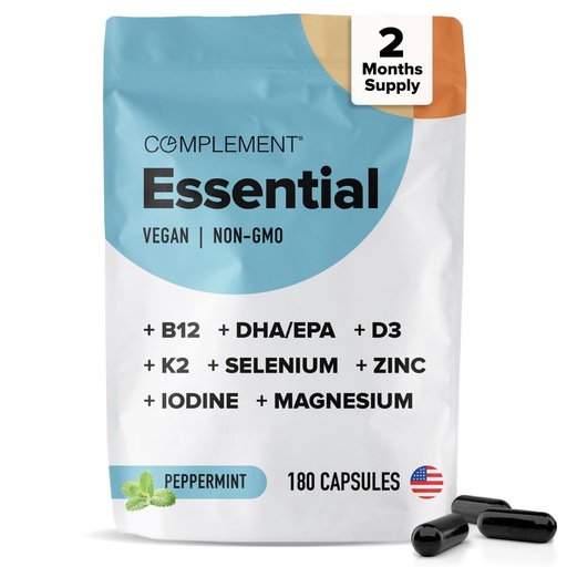 [BRSW2FLQOYMWEH3Z] Complement Essential Vegan Multivitamin for Women & Men - Immune Support Supplement with Omega-3 DHA & EPA, B12, Vitamin D3 & K2, Zinc, Selenium, Magnesium, Iodine (60 Servings, 180 Capsules)