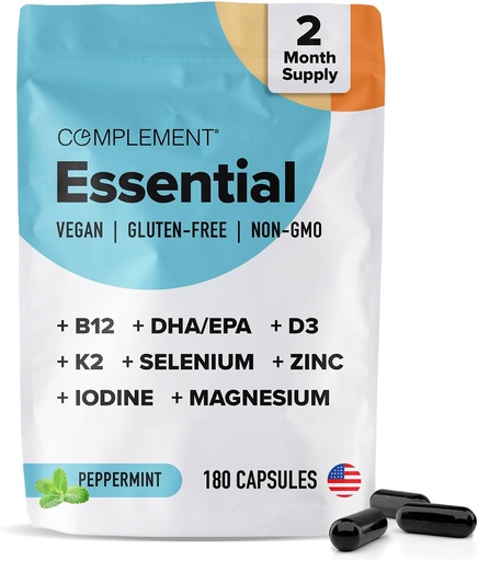 [BRSW2FLQOYMWEH3Z] Papildinājums Essential Vegan Multivitamīnu vīriešiem un sievietēm (60 Servējumi, 180 kapsulas) ar Omega-3 DHA & EPA, B12, vitamīns D3 & K2, Cinks, selēns, magnijs, jods - Atbalsta Immunitāte un vispārējā veselība