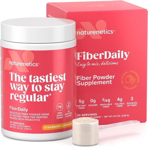 [BRSROYYEOQIQKGTA] FiberDaily Delicious Fiber Powder - Organic Psyllium Husk, Agave Inulin & Sunfiber® Guar Gum Strawberry Lemonade Drink, Sugar-Free, Soluble Fiber, Prebiotic Fiber Supplement, Vegan, 30 Servings