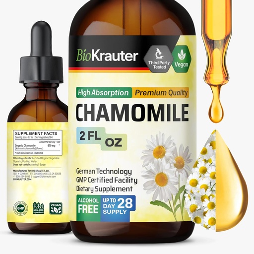 [BRSROGAYDICAYALG] BIO KRAUTER Kamomilla kukat Tincture - Kamomillauute - Sisältää Apigenin - täydennysosa rentoutumista ja rauhallisuutta tukea - Alkoholi ja sokeriton - Vegan Drops 2 Fl.Oz.