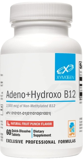 [BRSRMGQTDMDQKF36] XYMOGEN Adeno+Hydroxo B12, Fruit Punch, 60 Tablets | 2,500 mcg Non-Methylated Vitamin B12, Nervous System and Cellular Energy Support, Quick-Dissolve Tablets