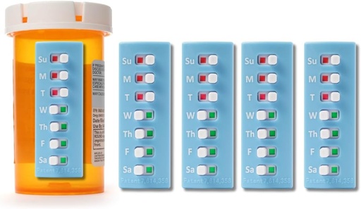 [BRSROZYQOUGR433U] Take‑n‑Slide Peel and Stick Reusable for 12 + Refills, Pill/Medication/Vitamin/Pet Med Tracker & Reminder, Attach to Your Bottle, Organizer-Free, Curved‑Back (Blue, 5-Pack)