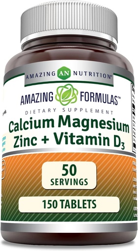 [BRSWYHQYDIFBAELG] Amazing Formulas Calcium Magnesium Zinc + D3 Supplement | 150 Tablets | Non-GMO | Gluten-Free | Made in USA