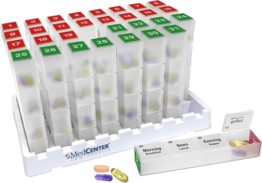 [BRSW2GQFOZ5WMAAY] Medcenter Mensuel Pill Box Organizer, 4 fois par jour, extra grand 31 cas de pilules quotidiennes avec des compartiments pour les vitamines, suppléments, médicaments, 31 jours Pill Organizer