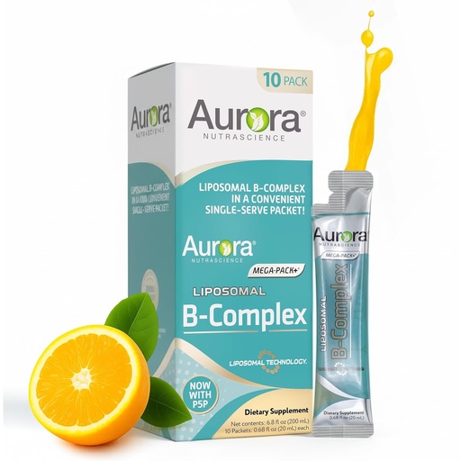 [BRSRAAQFA4CR6DTJ] Aurora Nutrascience Mega-Liposomal B-Complex + Vitamin C - Healthy Energy & Immune System Support Supplement for Adults, Sugar Free, Vegan, Gluten Free, Non-GMO - 10 Single Serve Packets, Orange