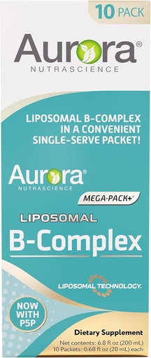 [BRSRAAQFA4CR6DTJ] Aurora Nutrascience Mega-Liposomal B-Complex + Vitamina C, Soporta Energía, Immune & Nervous System Health, Gluten Free, Non-GMO, Libre de Azúcar, Orange Flavor, 10 Single Serve Packets