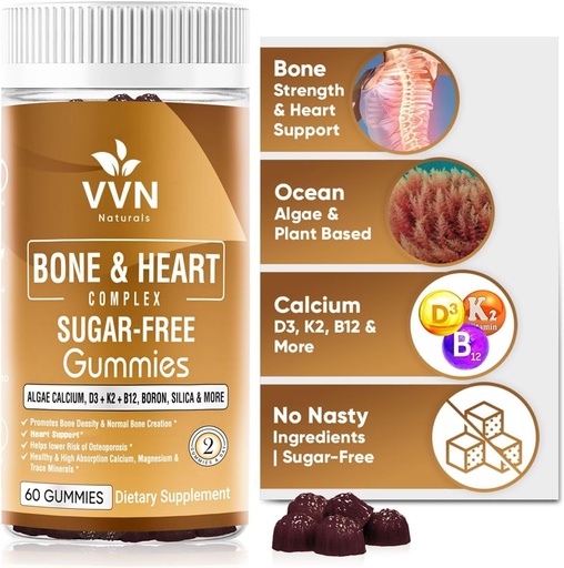 [BRSRMAA5OUAWOETP] Vegan Calcium Gummies K2 Vitamin Supplement with MK-7 & Vitamin D3, Magnesium & 13 Trace Minerals, Supporting Bone Density | Plant Based | B12 - Bone & Heart Complex, 60 ct.