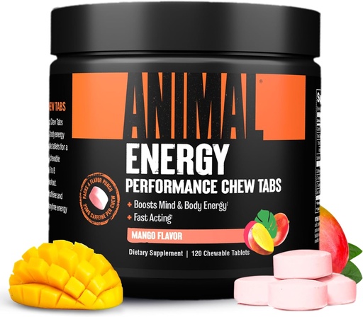 [BRSROBTQPMIBYDYU] Mastigação de energia animal, Energia de ação rápida com cafeína, nootrópicos e sal marinho para foco e pré-treino - conveniente e delicioso formato de mastigação - manga