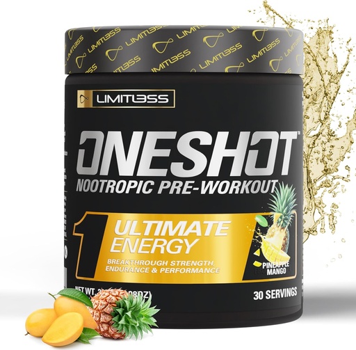 [BRSRAYI2CJ5A4DT5] ONESHOT Pre Workout Powder for Men and Women - BCAAS Amino Acids Supplement Powder, 200mg Caffeine, Beta Alanine Powder, Citrulline Malate Preworkout Powder - Pineapple Mango - 30 Servings