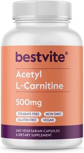 [BRSRMGQRCMOQKCI7] BESTVITE Acetyl L-καρνιτίνη 500mg (240 κάψουλες χορτοφάγων) - Δεν Stearates - Vegan - Μη ΓΤΟ - Χωρίς γλουτένη
