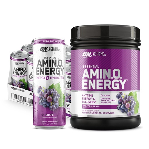 [BRSWGBQ3PMGQ2GQZ] Optimum Nutrition Amino Energy Powder, Concord Grape, 20.6 Ounce, 65 Servings with Essential Amino Energy Plus Electrolyes Sparkling Drink, Grape, 12 Count - Bundle Pack