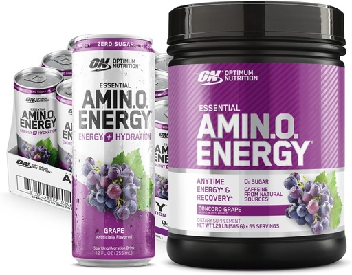 [BRSWGBQ3PMGQ2GQZ] Optimum Nutrition Amino Energy Powder: Concord Grape (65 Σερβιέτες) με Essential Amino Energy Plus Ηλεκτρόλιθες Αφρώδη Ποτό: Σταφύλι (12 κουτάκια) - Πακέτο