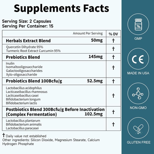 [BRSRAHDYO4ARGAL7] Probiotics Women Men Gut Health: Digestive Health Immune Support Bloating Relief Shelf Stable Strains 35B CFUs per Capsule Complex with Prebiotics Postbiotics Quercetin & Curcumin Dietary Supplement