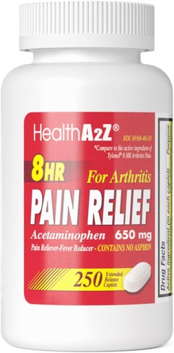 [BRSRAYL2CV6BS3DF] HealthA2Z® Pain Relief Extended Release | Acetaminophen 650mg | 8 ordu | Arthiritis Pain Reliever - Fever Reducer | Ez du aspirinarik | (250 Caplet)