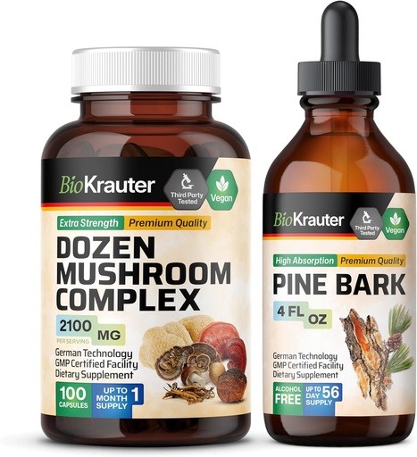 [BRSRAGABOEARMETL] BIO KRAUTER Dozen Mushroom 100 Capsules & Pine Bark Tincture 4 Fl. Oz.