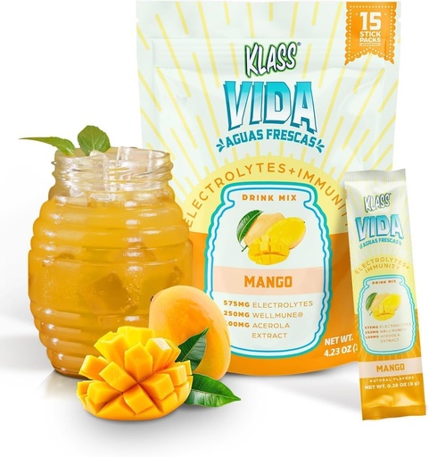 [BRSRAGIFCMPQOF33] Hydration + Immunity Electrolyte Drink Mix – Mango Agua Fresca Flavor – Pó sem açúcar com Wellmune®, Acerola, Água de coco & Minerals