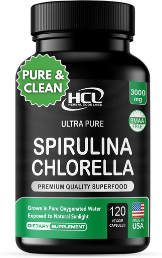 [BRSWGZA7CQMWM3Q2] Chlorella Spirulina Powder Capsules 3000 mg BMAA Gratis Purest Blå Grønn Algae - Best Naturlig Detox Raw Vegan vitaminer Protein Grønn Supermat - Laget i USA