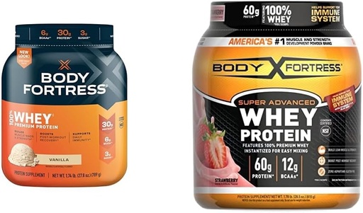 [BRSROAINOV6GK2TD] Body Fortress 100% Whey, Premium Protein Powder, Vanilla, 1.74lbs (Packaging May Vary) & 100% Whey, Premium Protein Powder, Strawberry, 1.78lbs (Packaging May Vary)