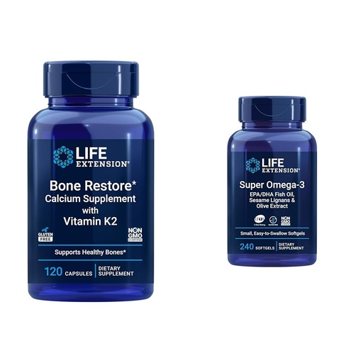 [BRSROBIPAB4BQFDL] Life Extension Bone Restore + Vitamin K2 Vitamins & Minerals Maintain Bone Health & Strength & Super Omega-3 EPA/DHA Fish Oil, Sesame Lignans & Olive Extract