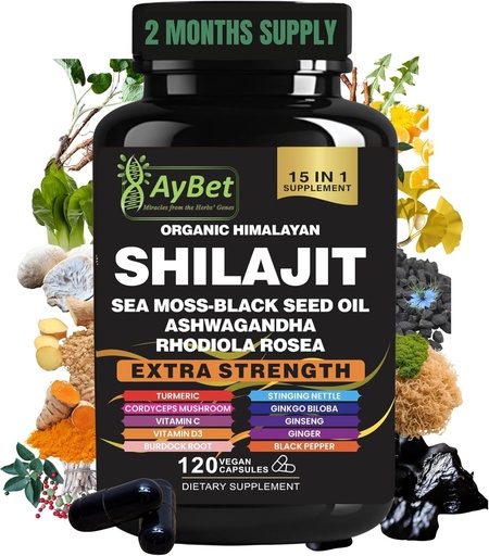 [BRSRAGQYB4CQI2A4] Shilajit meestele ja naistele - Orgaaniline Himaalaja Shilajit kapslid mere sammal, musta seemne õli, Ashwagandha, Rhodiola Rosea, Burdock, Cordyceps Seene, ženšenn, kurkum, ingver, 120 kapslit