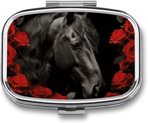 [BRSRAAITCN7W2CTL] Black Horse на фоне Red Roses Pill Box 2 Compartment Portable Pill Case Daily Square Pill Organizer for Pocket Purse Daily Medicine Container to Hold Vitamins