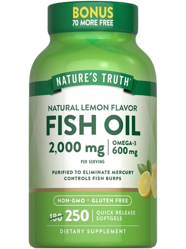 [BRSWICQBBAFRS2D4] Nature's Truth Fish Oil 2000 mg | 600 mg Omega 3 | 250 Softgels | Natural Lemon Flavor | Non-GMO and Gluten Free Supplement