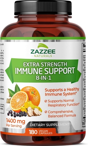 [BRSW2GD2BAIQAYDK] Zazzee Extra Strength 8-in-1 Immune Support, 1400 mg por cápsula, 180 cápsulas Vegan, 1000 mg Vitamina C, 1000 UI D3, Zinc, Elderberry, Echinacea, Goldenseal, Turmeric, Astragalus, Made in The USA