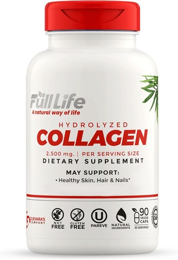 [BRSRMHD6OAGRYYL5] Full Life Hydrolyzed Collagen Supplements - Bovine Collagen Pills for Women and Men - Kosher Collagen Capsules, Gluten-Free - 90 Veggie Capsules 2,500mg