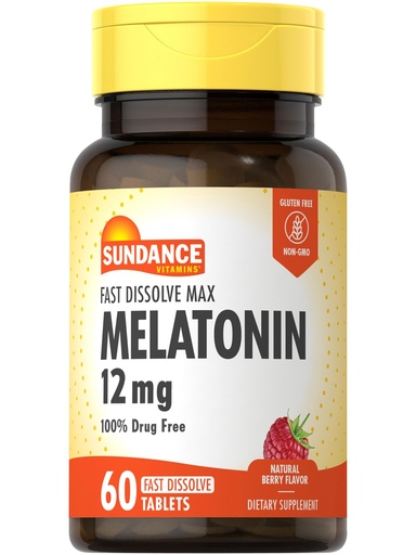 [BRSWICAPBQNBKHLG] Sundance Melatonin 12mg | 60 Fast Dissolve Tablets | Natural Berry Flavor | Vegetarian, Non-GMO, and Gluten Free Supplement