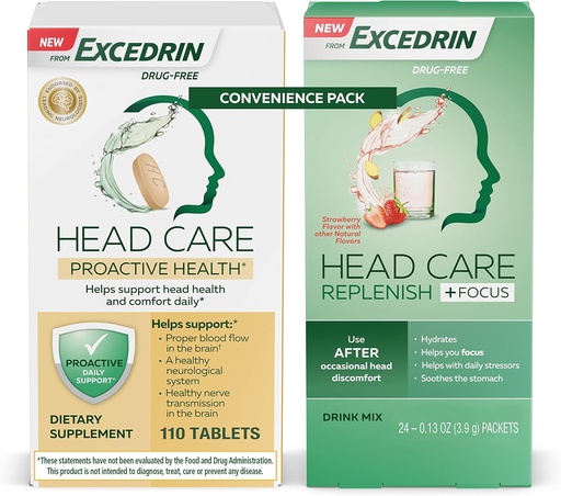 [BRSRMAQPOICBEGQ4] Excedrin Head Care Proactive Health Dietary Supplement - 110 Count and Head Care Replenish Plus Focus Drink Mix from 24 Packets Convenience Pack