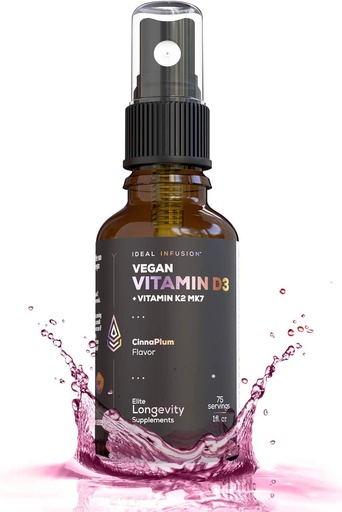 [BRSWGADYDIHAKCTU] Ideal Infusion Vegan Vitamin D3 5000 iu with K2 (MK-7) Liquid Spray: Organic Plum with Cinnamon - Bone Health, Immune Support, Bone Structure (75 Servings)