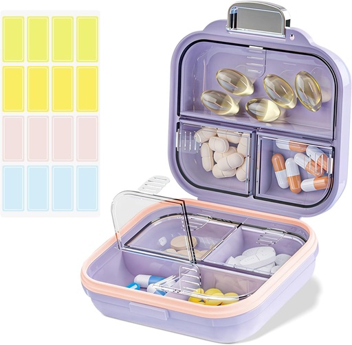 [BRSRAFAPDJ7G2YA6] Travel Pill Organizer Box with Labels, 7 Compartments Portable Mini Pill Case, Daily Medication Organizer Storage Pill Container for Pocket Pharmacy(Purple, S)